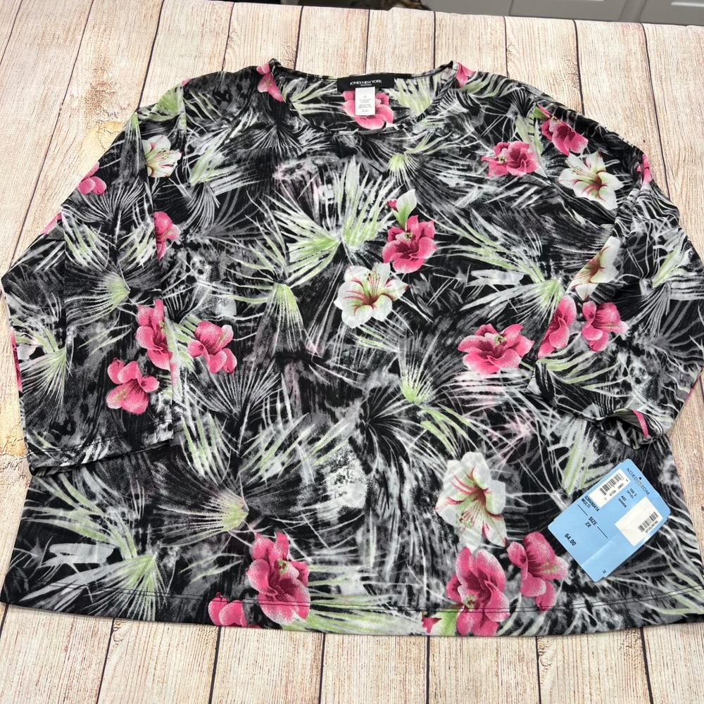 Jones New York Woman 2X Tropical Floral 3/4 Sleeve Knit Top NWT Black Pink Multi
